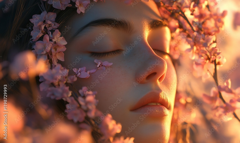 Fototapeta premium Woman sleeping, cherry blossoms, sunset, peace