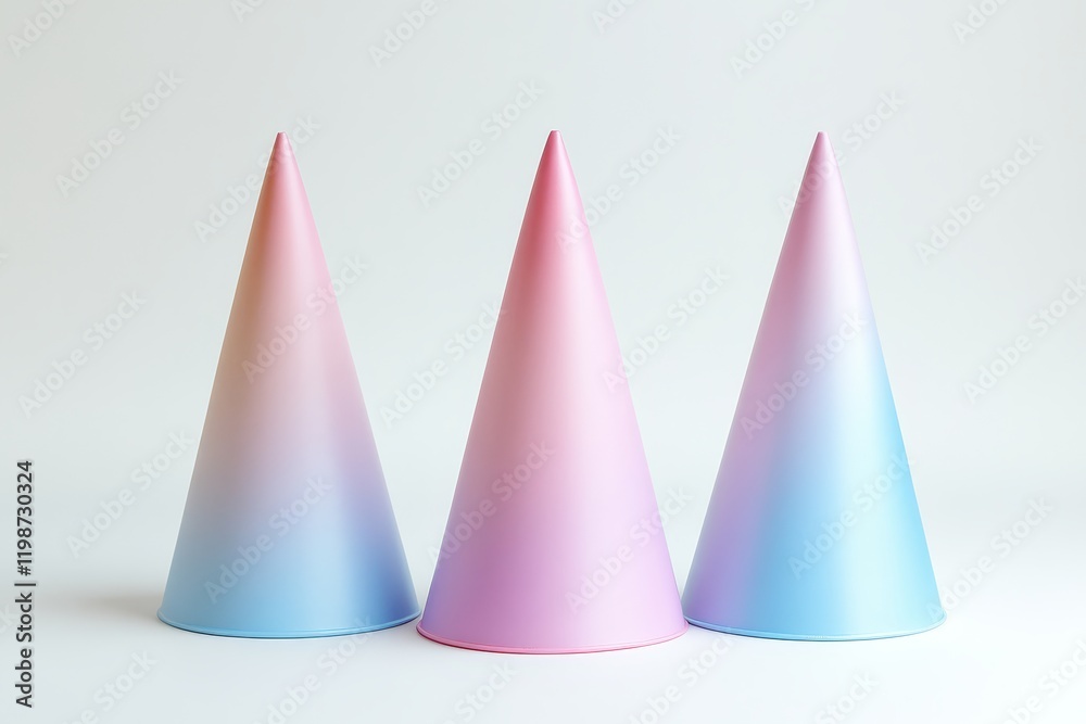 Three pastel gradient party hats on a white background, perfect for festive and celebratory themes. Three pastel gradient party hats on a white background, perfect for festive and celebratory themes.