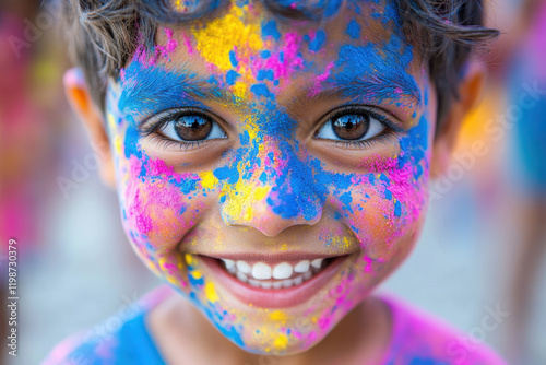 Smiling child with colorful face paint celebrates holi festival
