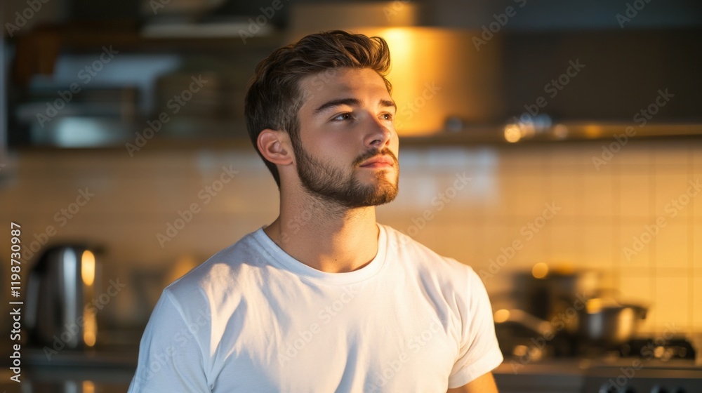 Fototapeta premium thoughtful young man standing in kitchen