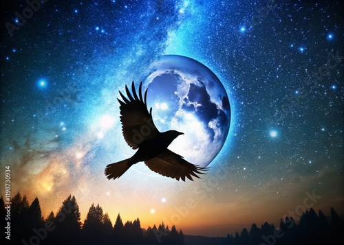 Silhouette of a Bird in Flight Against a Night Sky, Starry Night, Dark Background