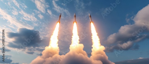 three nuclear missiles launching into a cloudy sky