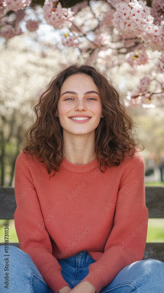 Cheerful woman enjoying spring blossoms outdoors wearing casual outfit Cheerful woman enjoying spring blossoms outdoors wearing casual outfit
