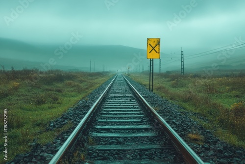 Misty railway tracks extend into the distance amidst fog-covered hills under an overcast sky photo