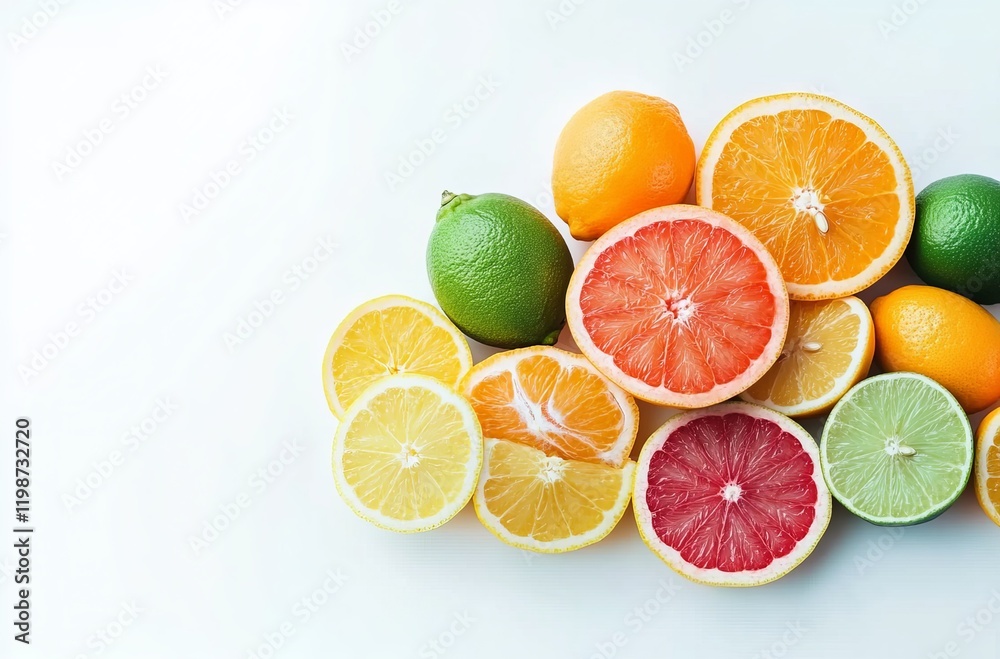 A pile of citrus fruits, such as oranges and limes, arranged on a white background. A pile of citrus fruits, such as oranges and limes, arranged on a white background.