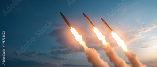 three ballistic missiles launch into the sky at sunset photo