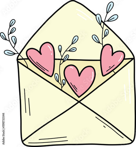 Single happy Valentines day envelope with pink hearts flying . Hand drawn envelope with declaration of love on Valentine's day. Send love message in envelope on Valentine's, Mother's or Women's Day