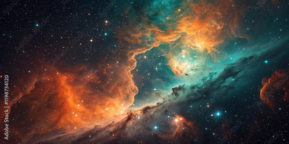 Fototapeta premium Cloud nebula of a colorful cosmic galaxy. Starry night sky. Astronomy and universe science. Background wallpaper of a supernova planetary planet and moon