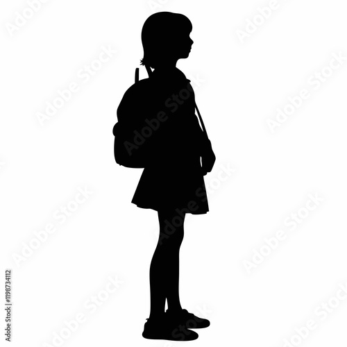 A girl is standing in front of a white background. She is wearing a backpack and a dress