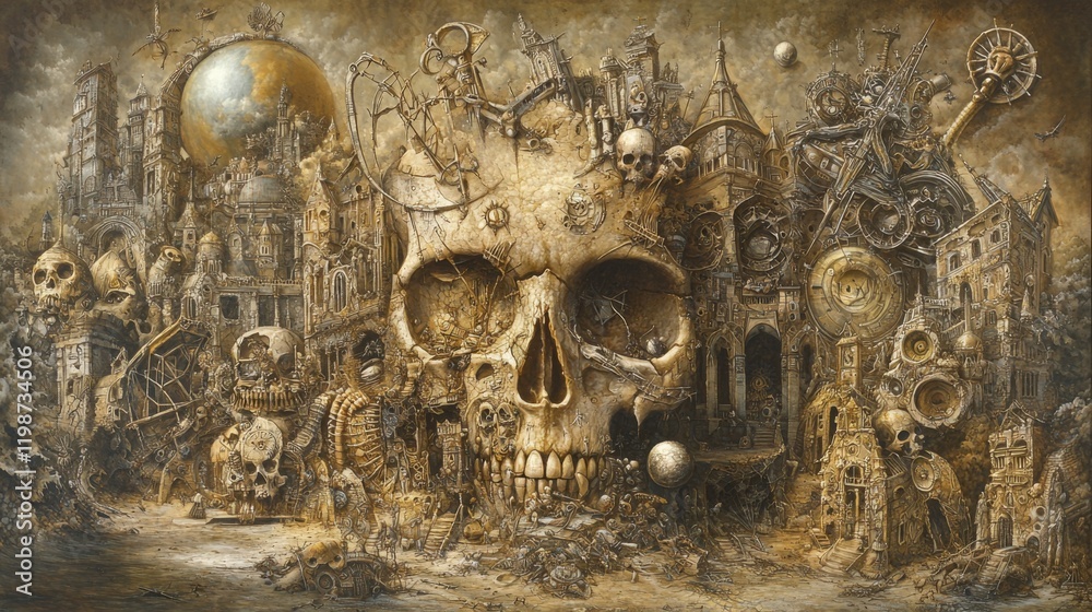 Fototapeta premium Surreal Skull Cityscape Dark Fantasy Art Gothic Architecture Steampunk Elements Detailed Skull