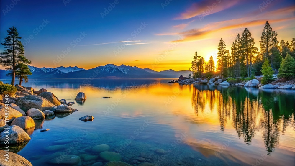 Fototapeta premium Minimalist Lake Tahoe Sunrise: Serene Mountain Lake Reflections