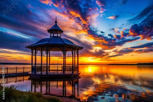 Silhouette of Rotunda Pavilion at Onega Lake, Petrozavodsk, Karelia, Russia - Dramatic Sunset photo