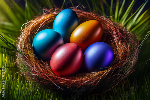 Bunt gefärbte Eier in einem Osternest photo