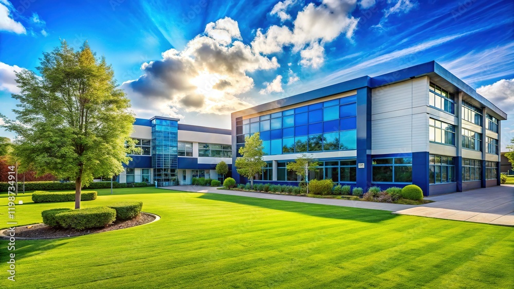 Obraz premium Modern School Building Exterior, Blue Sky, Landscape Photography