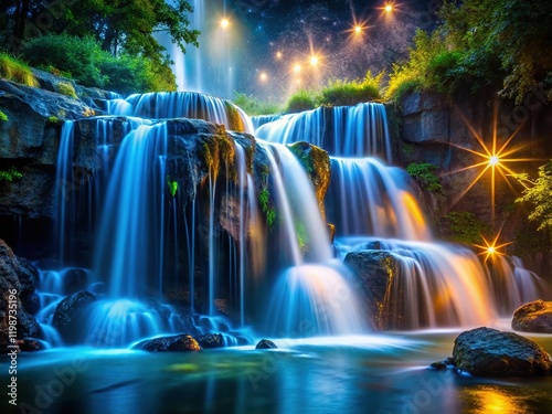 Night Photography: Sparkling Water Jets of a Small Waterfall