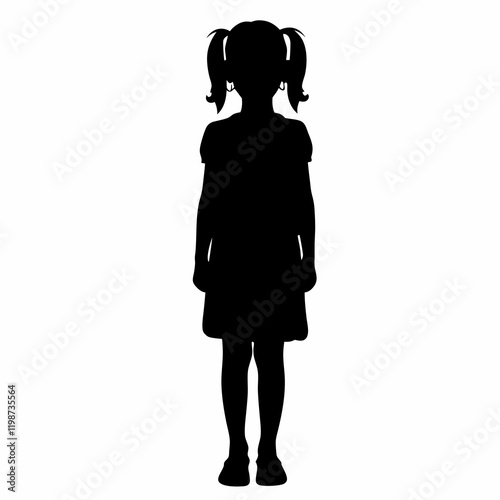 A girl is standing in front of a white background. She is wearing a dress and has her hair in pigtails