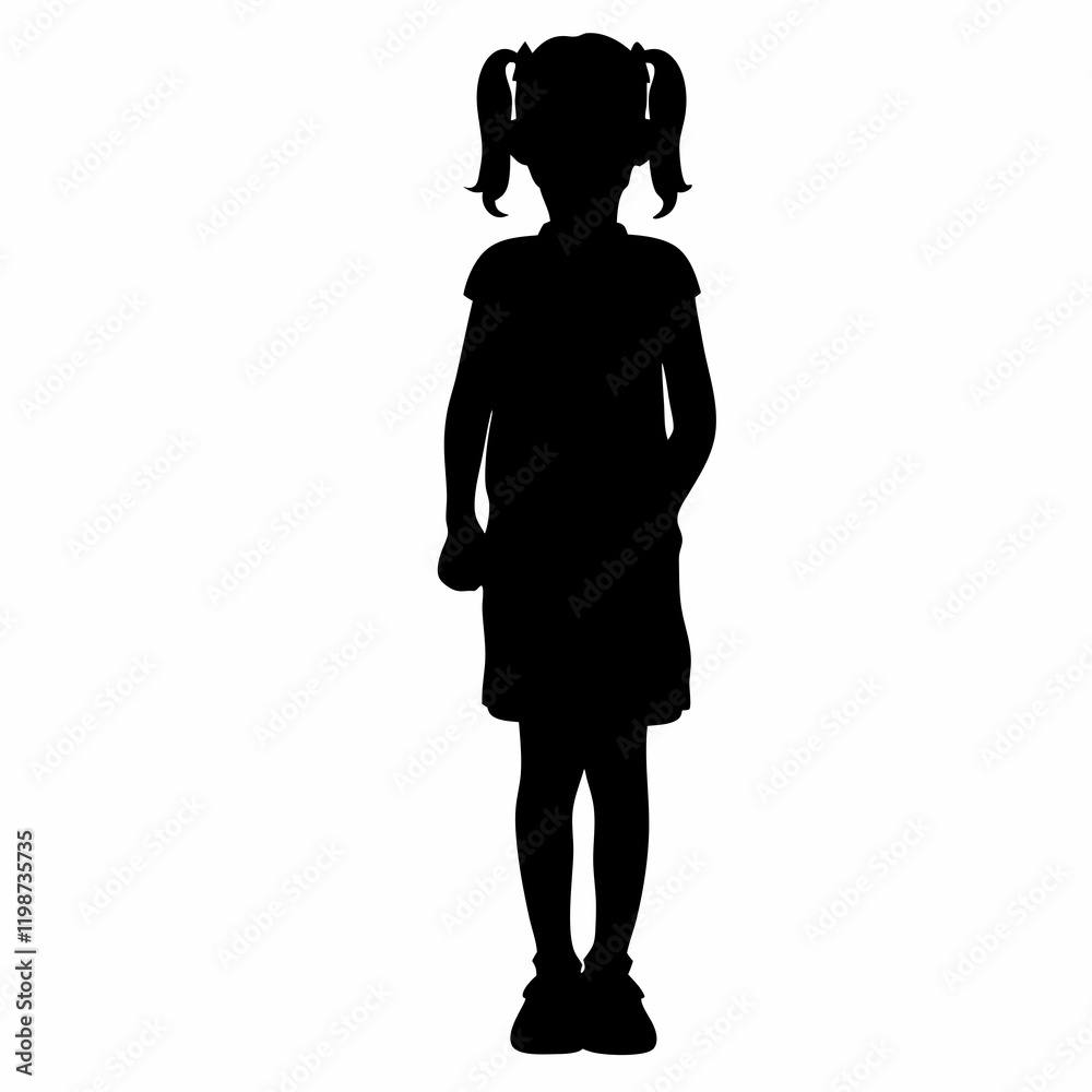 A girl is standing in front of a white background. She is wearing a dress and has her hair in pigtails A girl is standing in front of a white background. She is wearing a dress and has her hair in pigtails