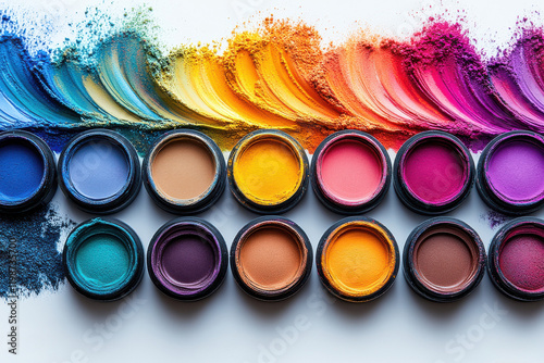 Vibrant rainbow of colorful pigment powders in jars displayed on a white background