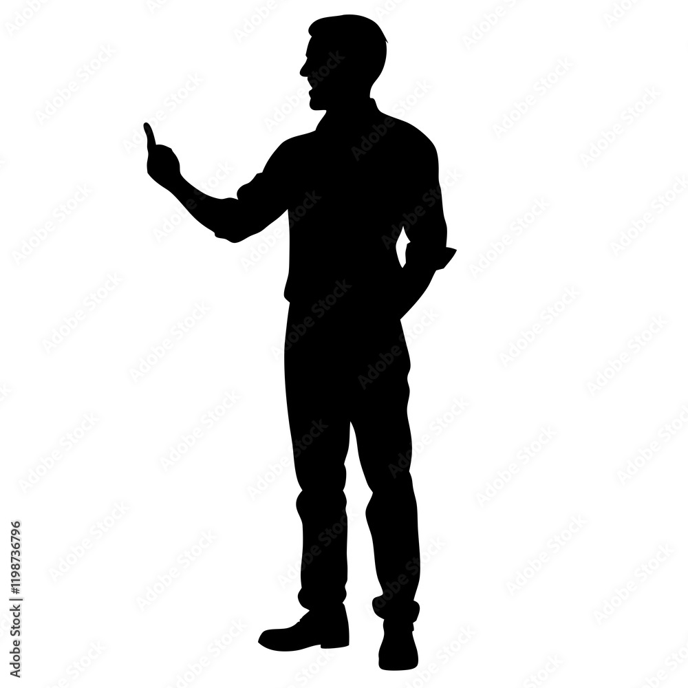 A man is standing in front of a white background. He is wearing a black shirt and black pants. He is holding a finger up in the air A man is standing in front of a white background. He is wearing a black shirt and black pants. He is holding a finger up in the air