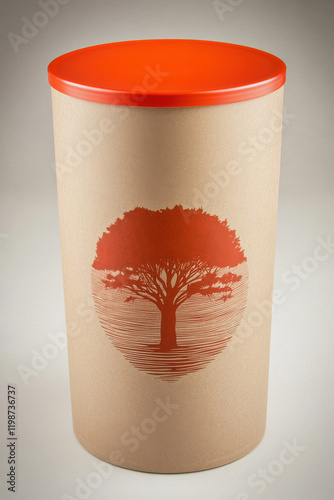 Eco-friendly recyclable container with red tree design on brown cylinder photo