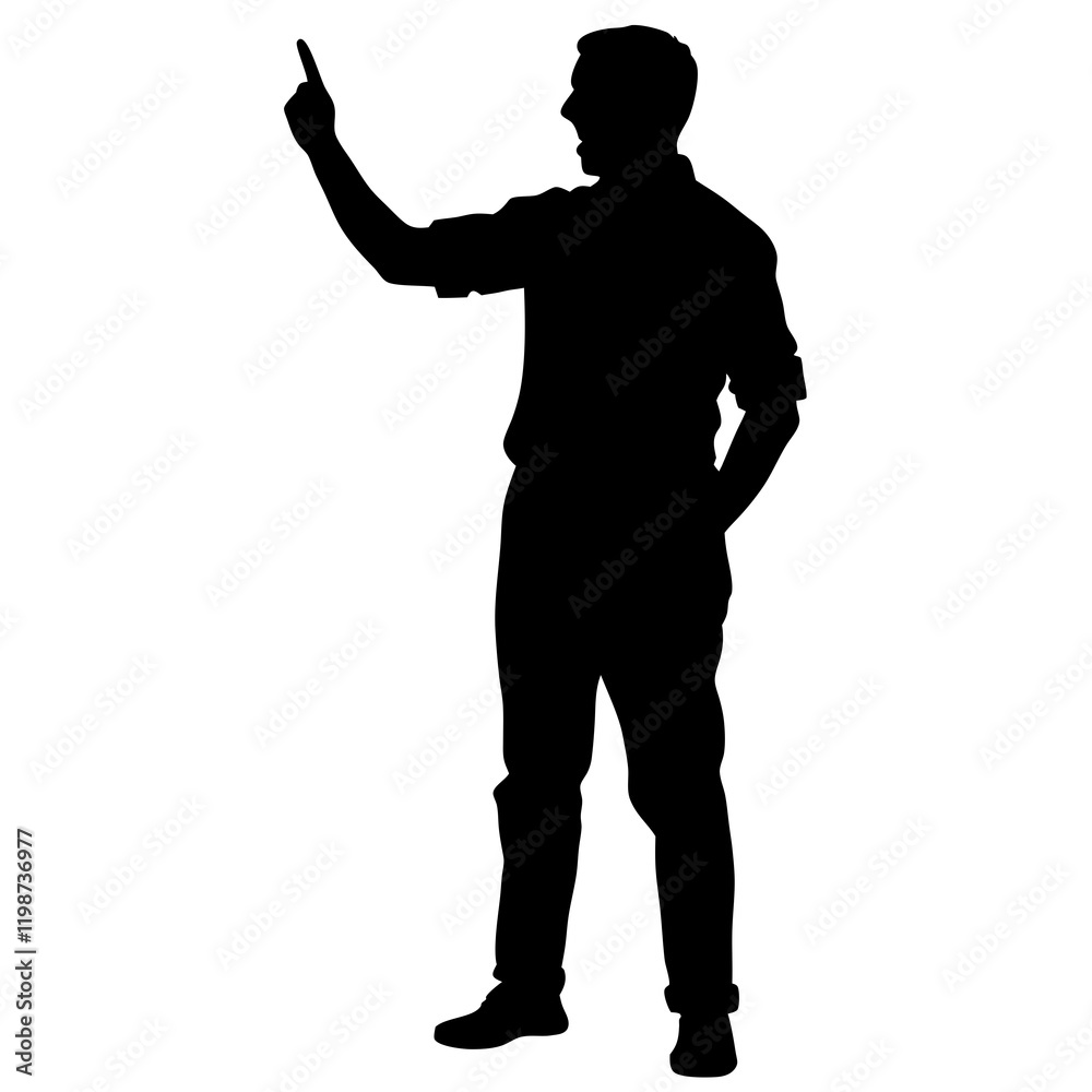 A man is standing in front of a white background. He is wearing a black shirt and black pants. He is holding a finger up in the air A man is standing in front of a white background. He is wearing a black shirt and black pants. He is holding a finger up in the air