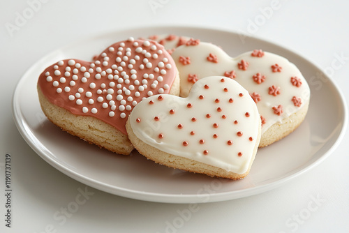 Heart-shaped cookies with white and pink icing on plate