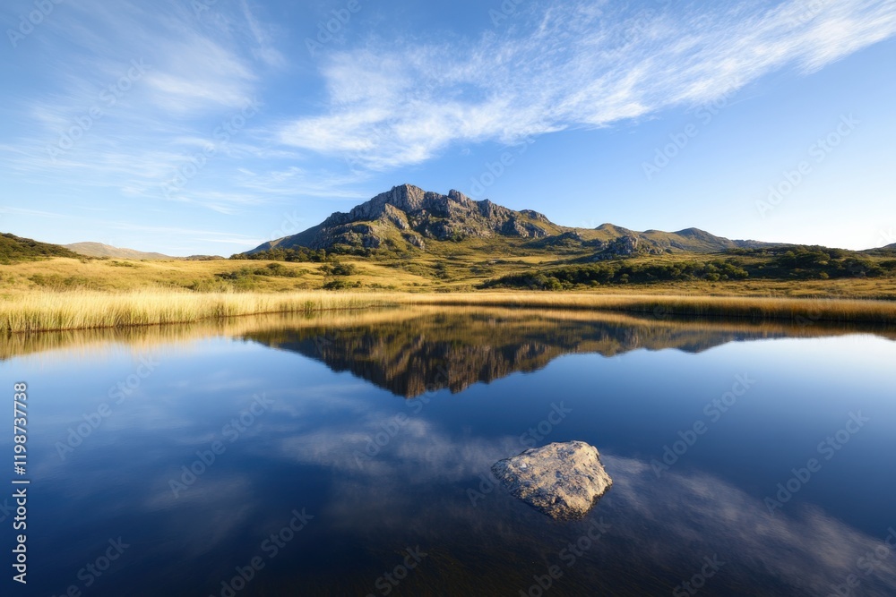 serene mountain reflecting in calm lake at sunrise serene mountain reflecting in calm lake at sunrise