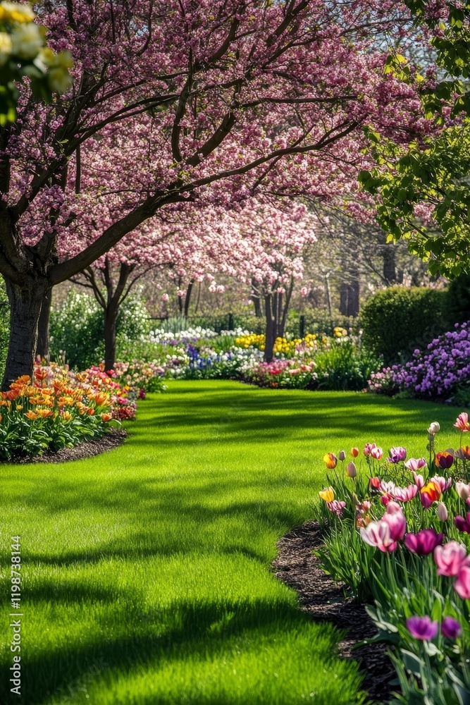Fototapeta premium A serene spring garden featuring colorful flowers and lush green grass beneath blooming trees, capturing the essence of nature's beauty.