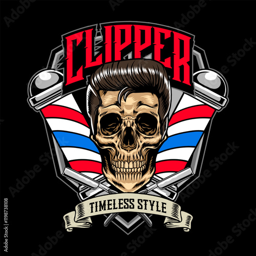 Vintage Barbershop Skull Head with Barber's Pole and razor blade elements Logotype Badge Vector Illustration