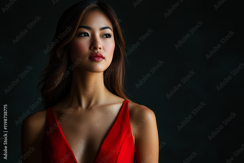 A Stunning Image of a Woman in Luxurious Evening Attire, Set Against a Dark, Seamless Backdrop, Illuminating Her Face and Dress for a High-End Appeal.