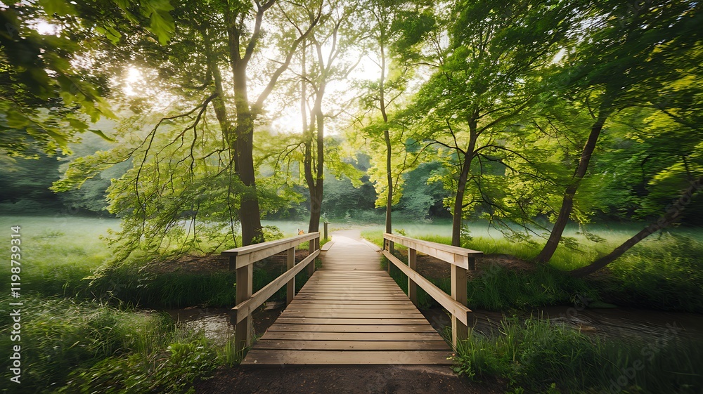 Obraz premium Serene Sunrise Walkway Wooden Bridge Over a Tranquil Stream in a Lush Green Forest