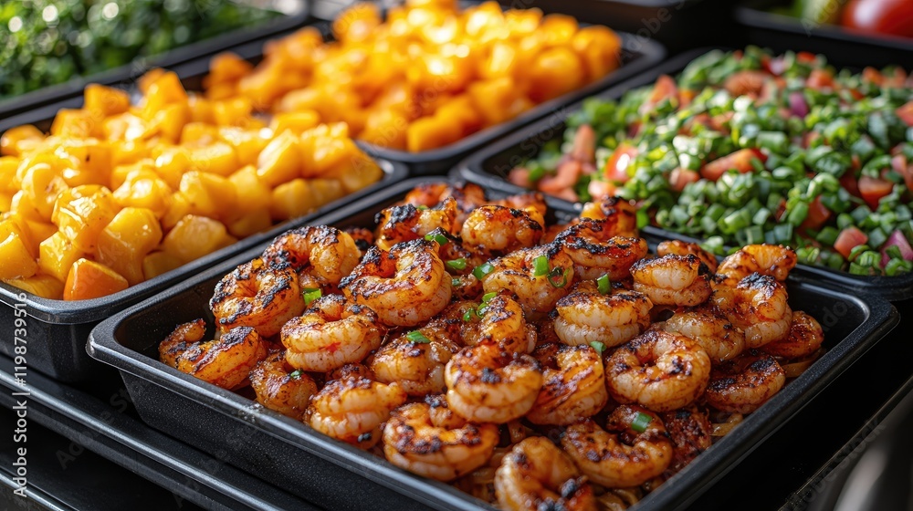 Grilled shrimp platter served with vibrant mango, fresh salad, and colorful vegetables in a buffet Grilled shrimp platter served with vibrant mango, fresh salad, and colorful vegetables in a buffet