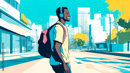 Drawn, cheerful person walking, wearing headphones and enjoying. Big city street, vibrant atmosphere, urban environment. Joyful character. Joy, freedom, music, dynamic, life. Generative Ai content