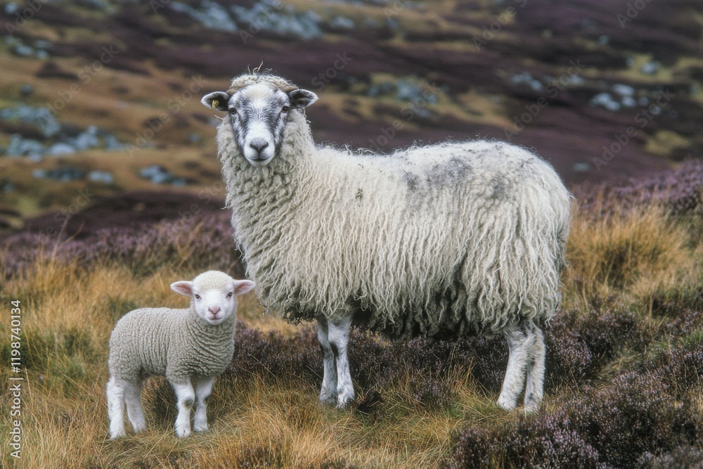 Fototapeta premium Mother Sheep and Lamb in Natural Landscape, Surrounded by Green Grass and Purple Heather Under a Soft Sky, Captivating Rural Scene of Livestock in Harmony with Nature