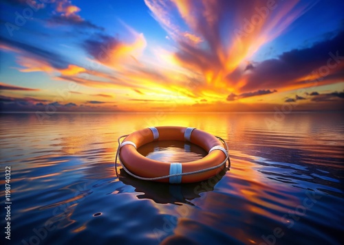 Solitary Lifebuoy Floating on Calm Ocean Water at Sunset - Stock Photo
