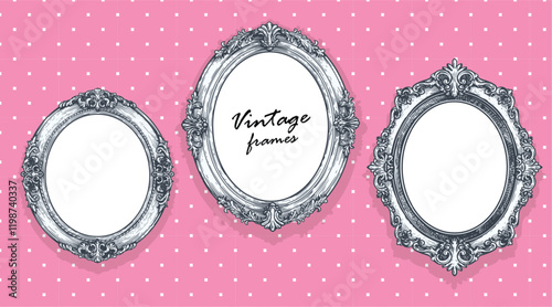 Vintage hand drawn sketch silver oval picture frames on dotted pink wall background. Empty photo design template. Vector illustration.