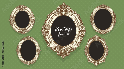 Vintage hand drawn sketch golden oval picture frames on dotted wall background. Empty photo design template. Vector illustration.