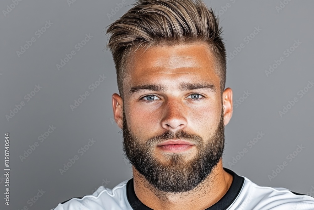 Fototapeta premium Portrait of a male athlete with stylish hair and beard posing confidently against a grey background