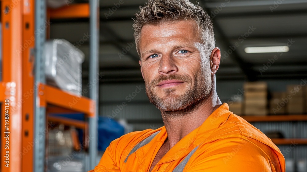 Smiling worker in orange uniform poses confidently in a warehouse setting with shelves and goods in the background during daytime Smiling worker in orange uniform poses confidently in a warehouse setting with shelves and goods in the background during daytime