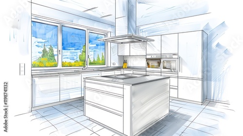 Minimalist Kitchen with Clean Lines and Natural Light: A Modern Sketch of Spacious Design