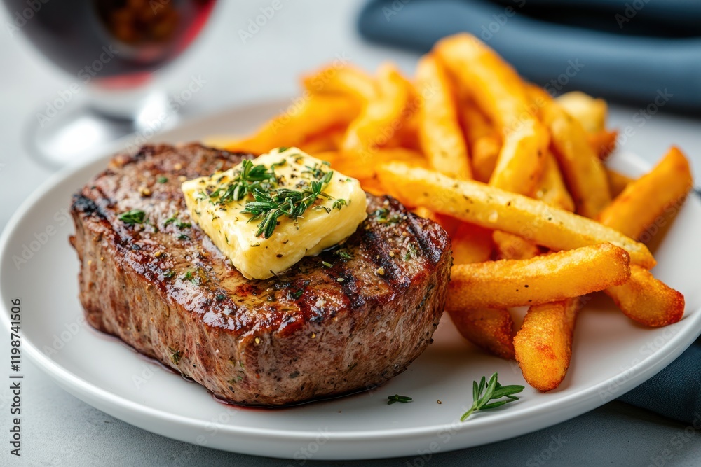 Delicious grilled steak with butter and crispy fries served with a glass of red wine Delicious grilled steak with butter and crispy fries served with a glass of red wine