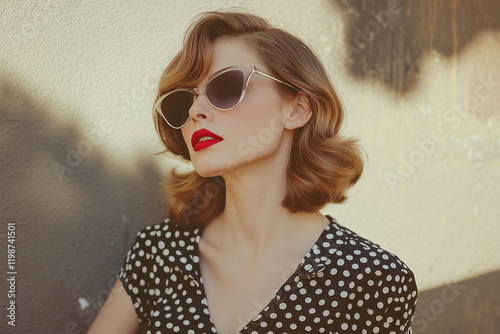 A Vintage Inspired Woman Posing in Iconic 1950s Fashion Against a Subtle, Dreamy Background. photo