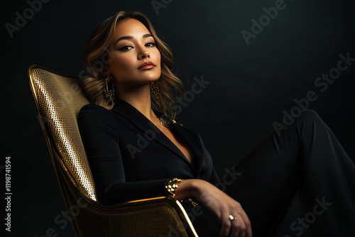 A Vision of Modern Grace in Black and Gold, Captured in a Dramatic Studio Atmosphere.