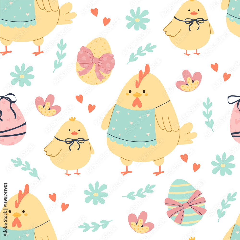 Pattern with chicken, little chick and easter eggs Pattern with chicken, little chick and easter eggs