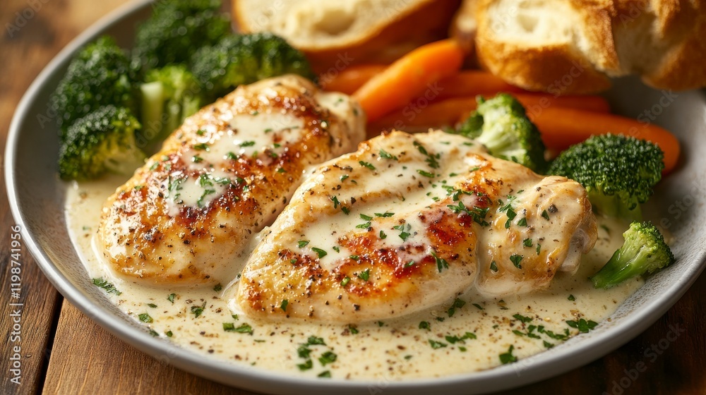 A delicious plate of garlic butter chicken with creamy sauce served on a rustic wooden table. 