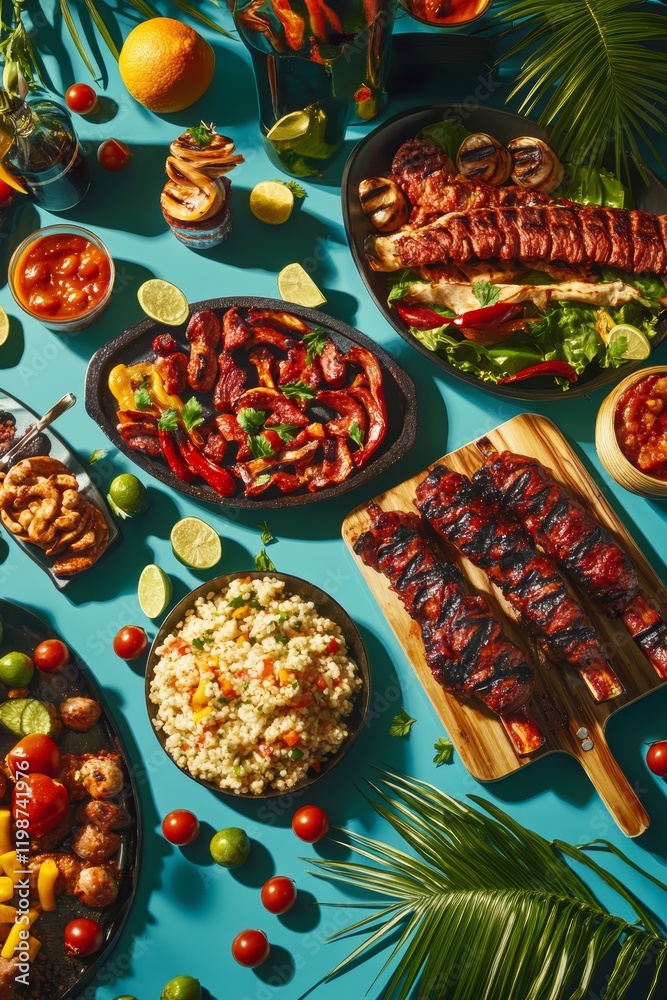 Naklejka premium A vibrant table spread featuring an array of grilled meats, colorful vegetables, fresh herbs, and delightful sides, perfect for a summer gathering or outdoor feast.