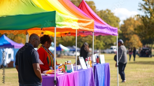 Colorful tents at an outdoor event with people engaging and browsing various items.