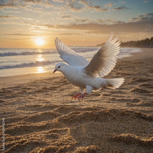 A white dove flying over a serene white sand beach at sunrise.
