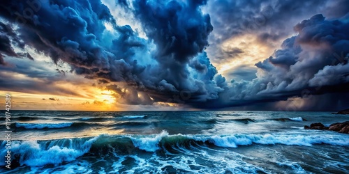 Spooky Eerie Ocean: Dark Sky, Haunting Seascape, Mysterious Night photo