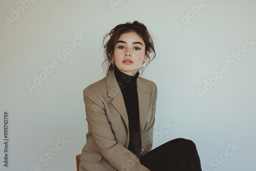A Woman in a Beige Blazer, Black Turtleneck, and Slacks Seated for a Catalog Photoshoot.